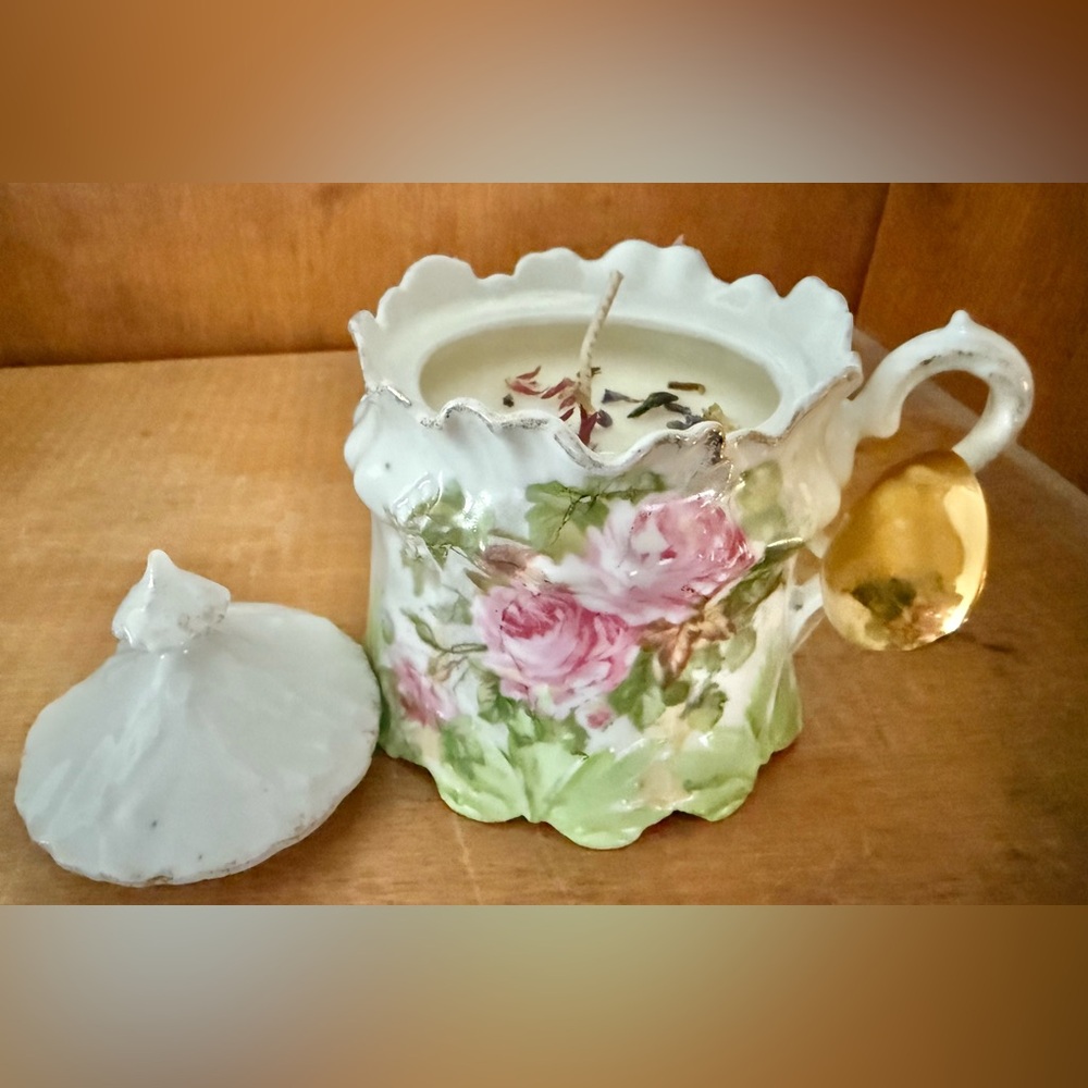 Soy Candle in Porcelain floral tea cup sugar bowl w/ mini gold spoon & Lid